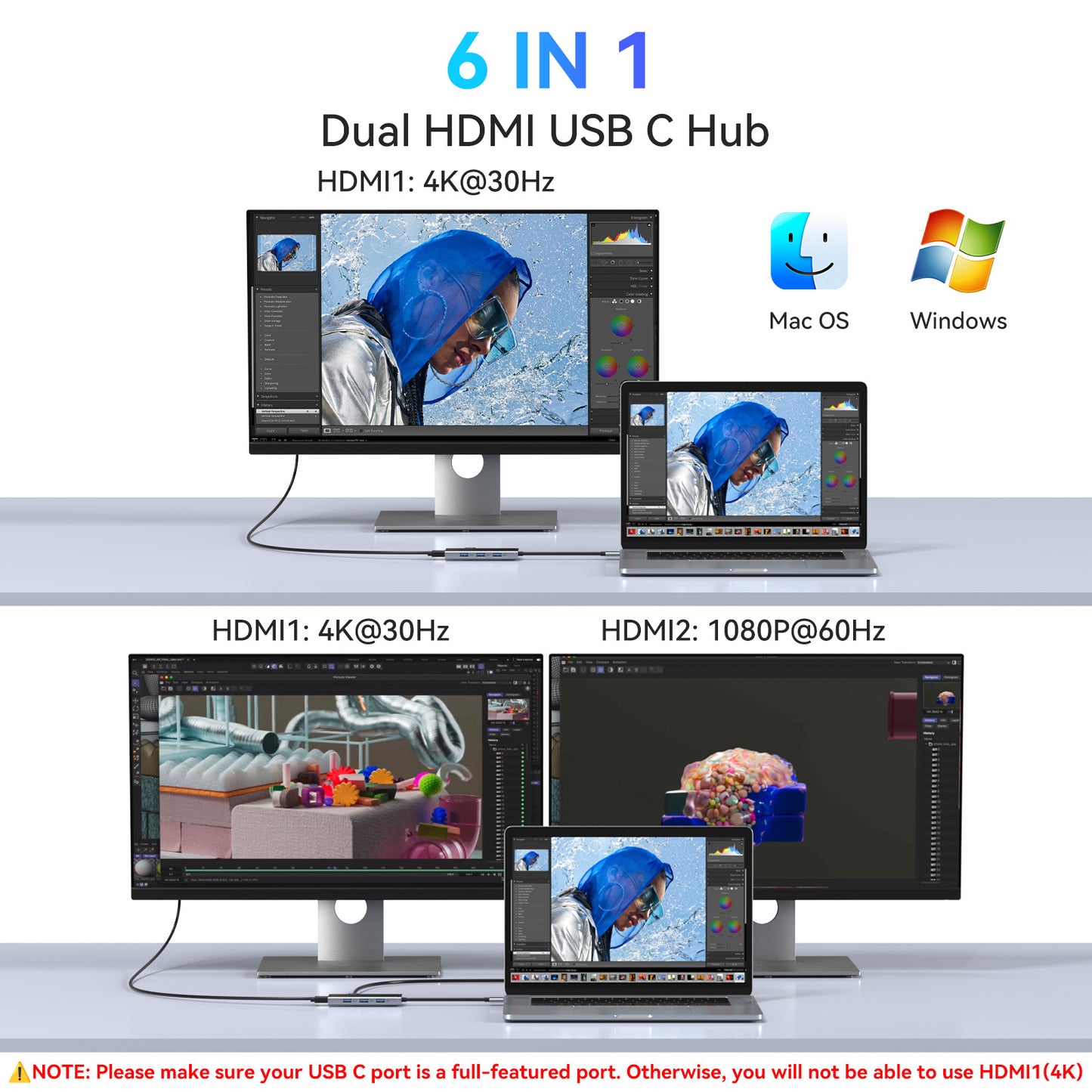 USB C Docking Station Dual Monitor for Macbook Series 6 IN 1 USB C HUB 2 HDMI multiport dongle with dual HDMI port, 4K display,3USB 5Gbps, Type-C PD100W for Mac Pro Air M1 M2 M3/Dell/HP/Lenovo