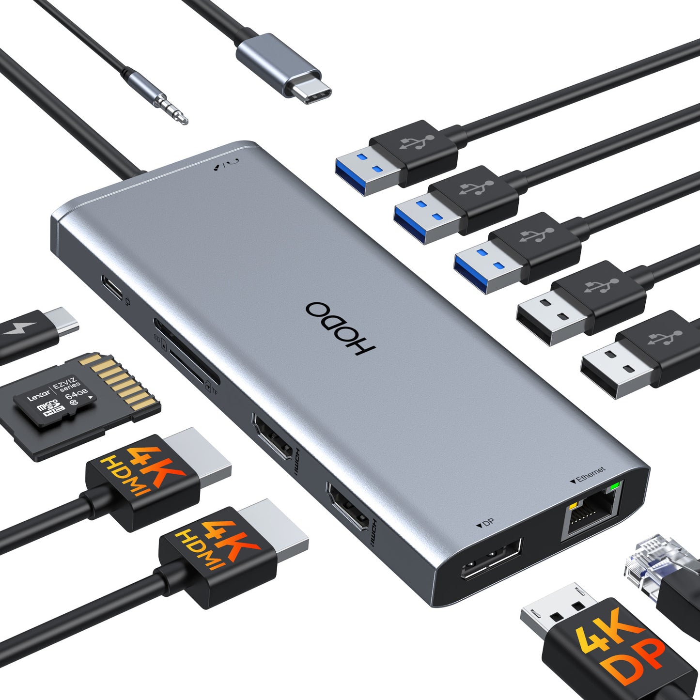 USB C Docking Station Dual Monitor,USB-C Laptop Dockingstation,Triple Display USB C Hub Adapter mit 2 HDMI, Displayport, Ethernet, PD, 5 USB, SD/TF, Audio/Mic für Dell XPS Lenovo