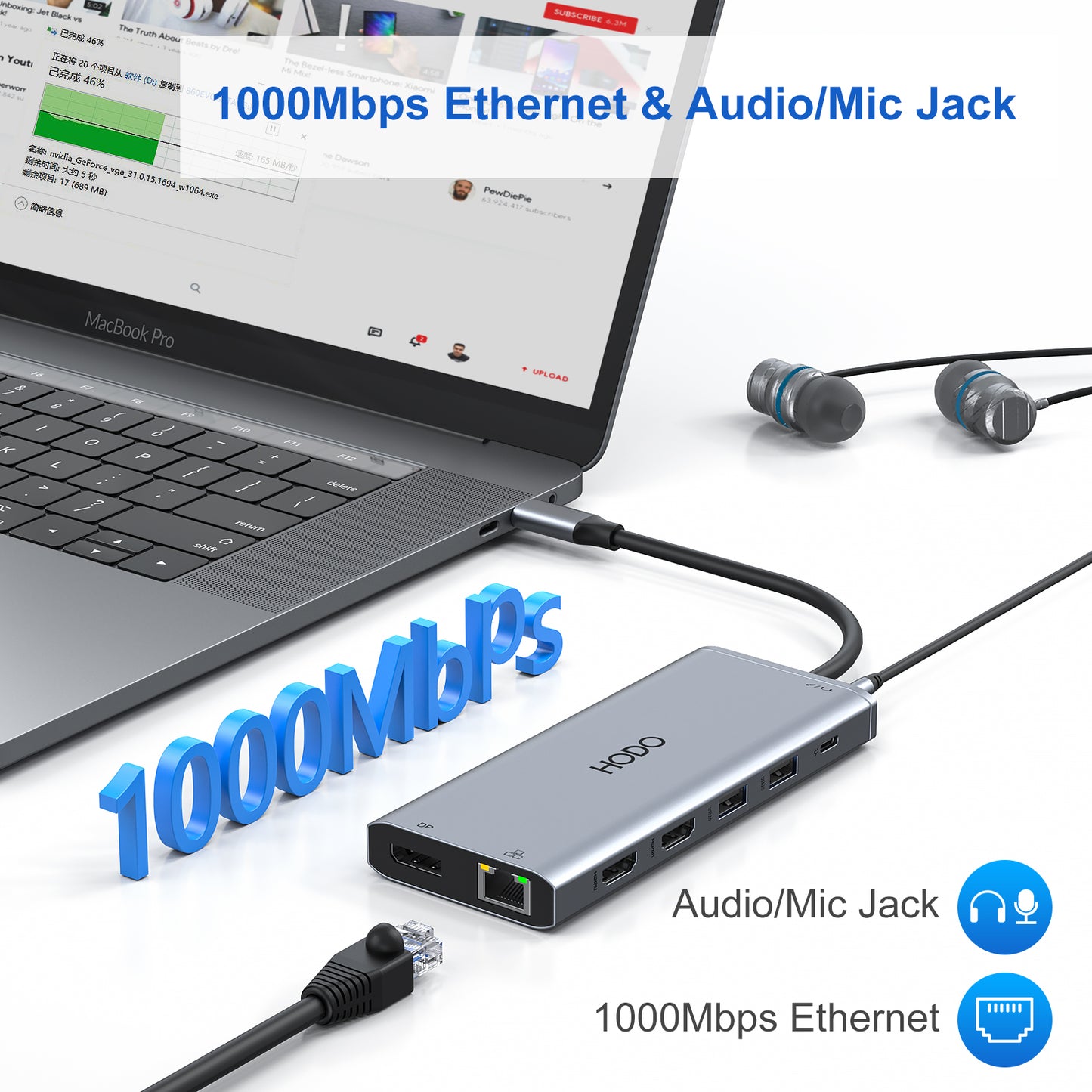 Docking Station 2 HDMI, Dockingstation Laptop mit 10Gbps Ports, USB C Dual HDMI Hub Adapter with DisplayPort, Ethernet, PD, USB C Data, 5 USB, SD/TF, Audio/Mic