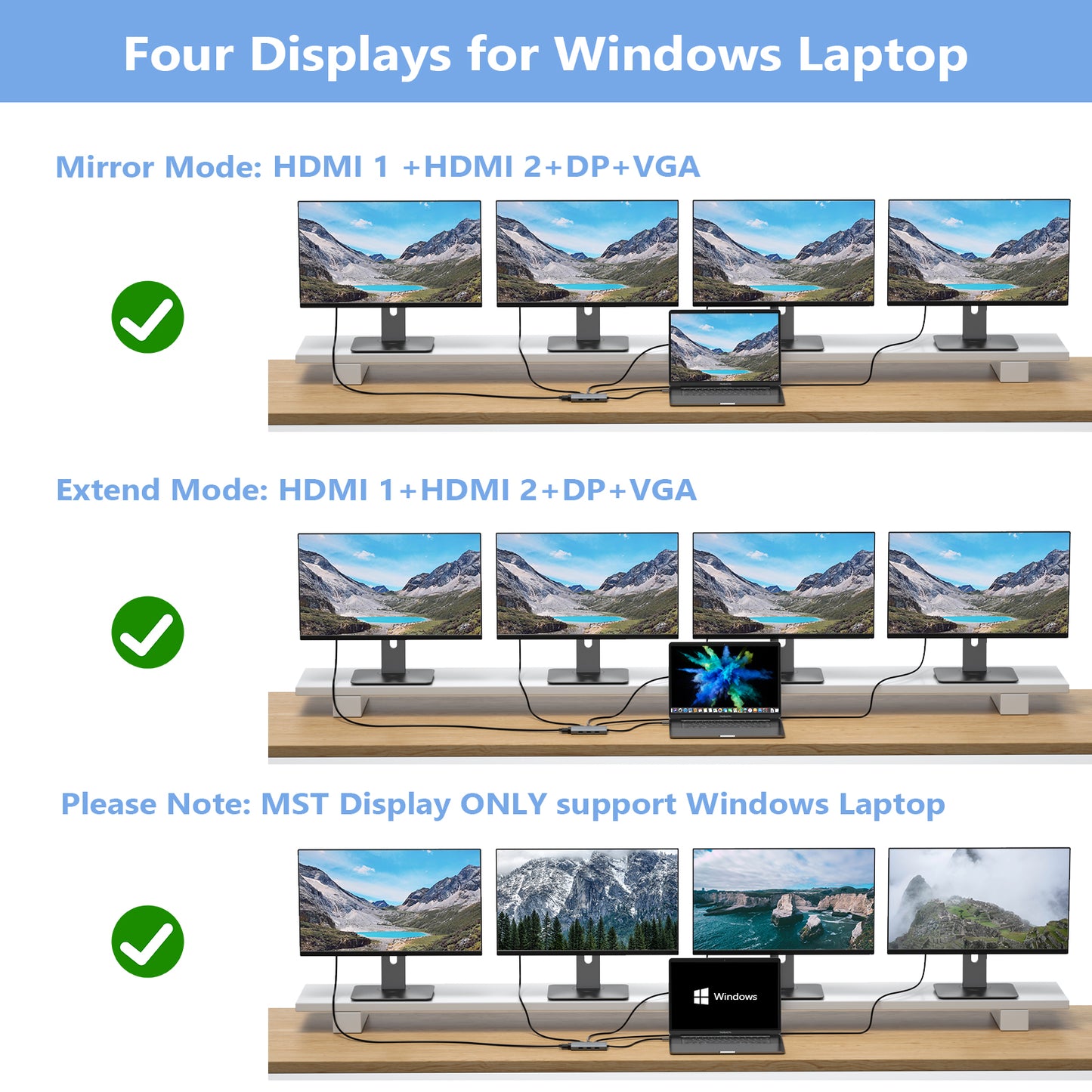 USB C Docking Station Dual Monitor for Dell HP, Laptop Docking Station Quadruple Display USB C Hub Multiple Adapter to 4K HDMI Displayport VGA,3 USB 2.0,100W PD, Laptop USB C Dock for Lenovo,Surface