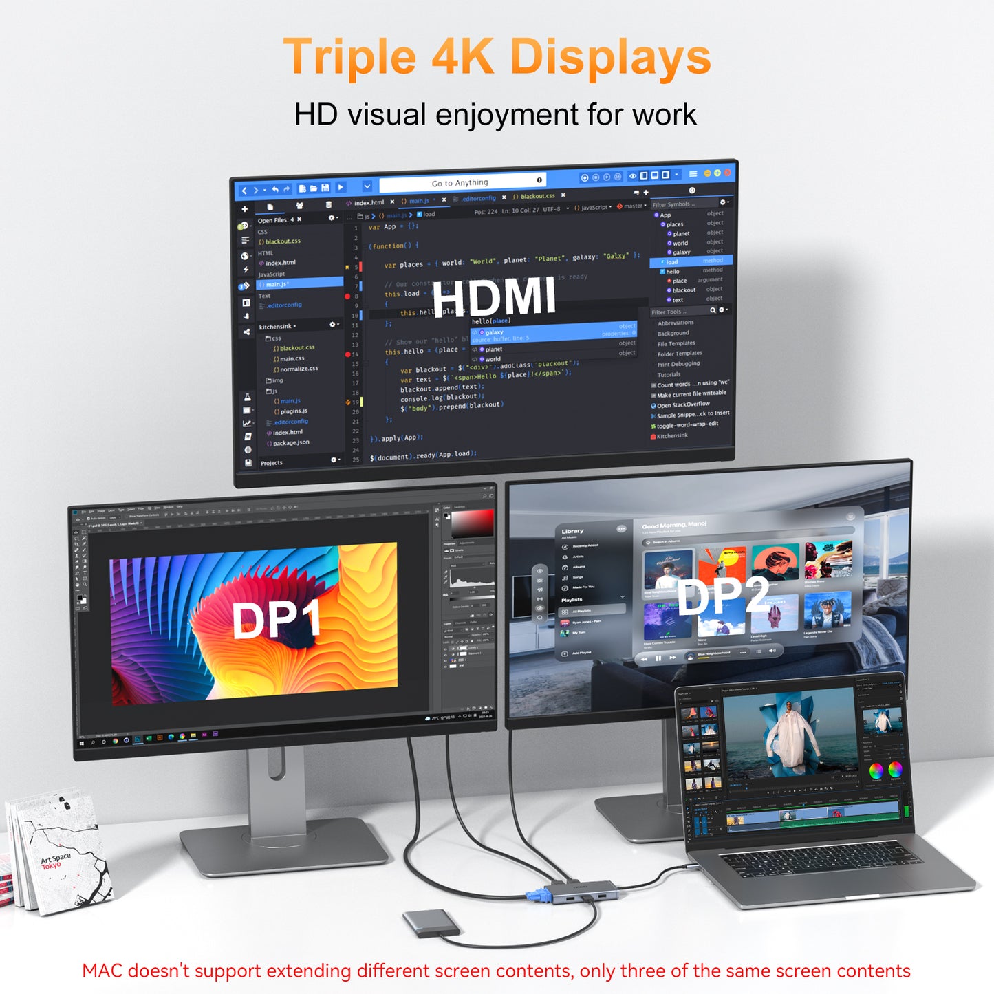 USB C Docking Station Laptop Dual Monitor USB C to USB Adapter Docking Station for Dell,HP,Lenovo,Surface, USB C Hub HDMI Triple Display Multi Monitor Dongle with 4K HDMI,2*DP,VGA,Charging,3*USB 2.0