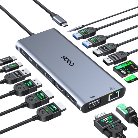 HODO USB C Docking Station Dual Monitor for Laptop USBC Hub Multiport Adapter 15 IN 1 Dongle Quad Display with 2 HDMI 4K@60Hz+DP 8K@30Hz+VGA+6 USB Ports+PD+Ethernet+SD/TF+Audio for MacBook/Dell/HP etc